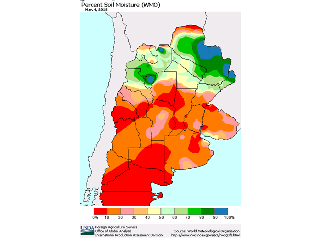 A large majority of Argentina&#039;s major crop areas remain very short on soil moisture going into the home stretch of the 2017-18 crop year. (USDA graphic)